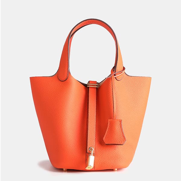 Large Orange Leather Bucket Bag with Unique Lychee Pattern Perfect for Everyday Use Orange