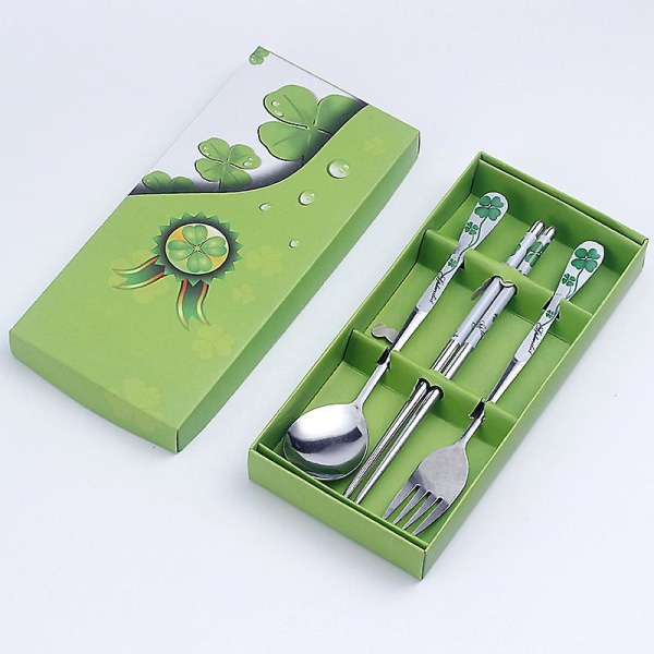 3 stk servise i rustfritt stål spisepinner skje gaffel gaveeske Bærbar reise Green