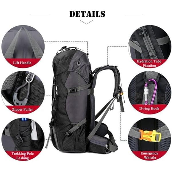 60L lätt vattentät vandringsryggsäck med cover, reseryggsäck för klättring, camping och vandring, svart