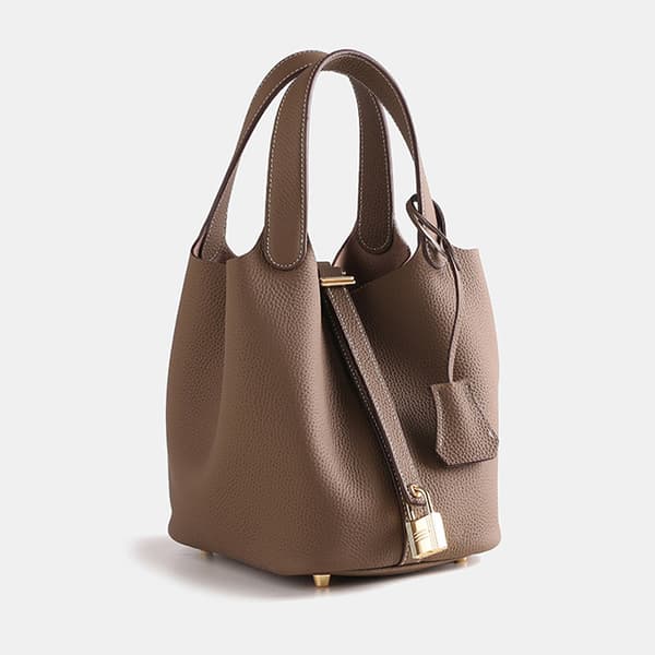 Spacious Grey Cowhide Leather Bucket Bag Genuine Leather Commuter Bag with Unique Lychee Texture Elephant gray