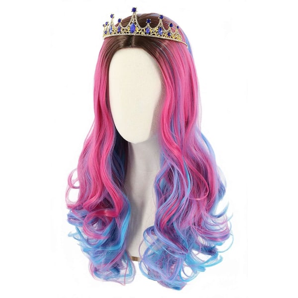 Audrey peruk och krona för barn flickor lång vågig rosa blå peruk