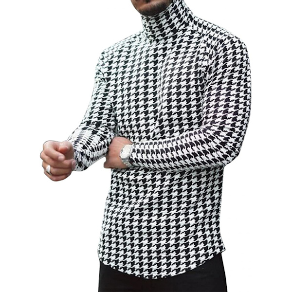 Herr långärmad basdesign turtleneck rutig toppar slim fit hundtand tryckt termisk pullover tröjor stora och höga L