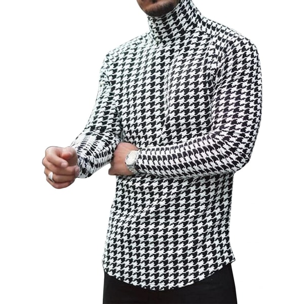 Miesten pitkähihainen perusmallinen turtleneck-ruutupaita, slim fit, houndstooth-kuvioitu, lämmin pullover-neulepaita, iso ja korkea M