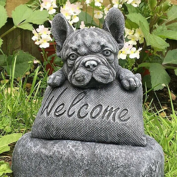 Fransk-bulldog Velkommen på en sokkel Hjem eller hage dekorasjon