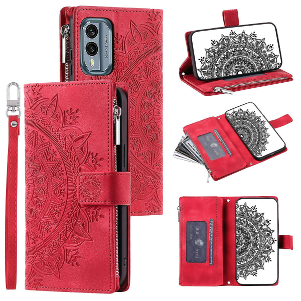 Nokia X30 5g Mandala Flower -kuvioinen Pu- case Magneettinen cover Multi Card Slot Suojakuori Vetoketjullisella Lompakolla ja Rannekehihnalla Red