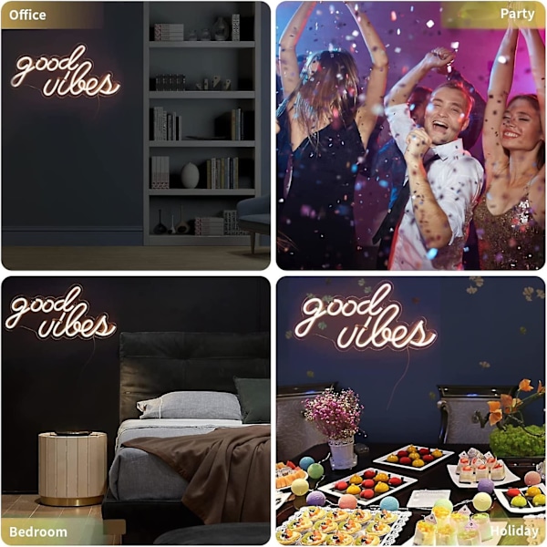 Good Vibes -neonkyltti seinäkoristeeksi, USB-virtalähde, neonvalo makuuhuoneen sisustukseen, lämmin valkoinen väri, 40,9 x 21,1 x 1,5 cm