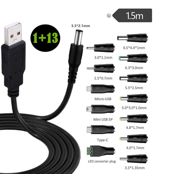 5V DC 5.5 2.1mm Jack Opladningskabel Strømkabel, USB Til DC Strømkabel Med 13 Udskiftelige Stik