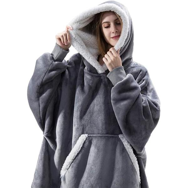 Sherpa Fleece Tjock Huvtröja Fickor Oversized Toppar Fodrad Termisk Filt Höst Vinter Grey One size