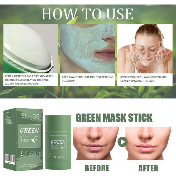 EELHOE Grønn Te Solid Maske, Dyprensende Hydrerende Maskepinne Pore-reduserende Paste Maskepinne 3PCS