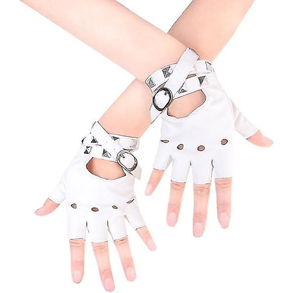 Kvinners PU skinn punk hansker (hvit) Studded stropp eller spenne halvfinger ytelseshansker