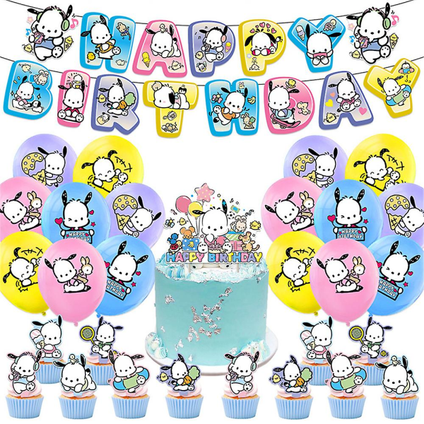 Pochacco-tema bursdagsfestutstyr inkludert bannerballongsett Kake Cupcake Toppers dekorasjonssett