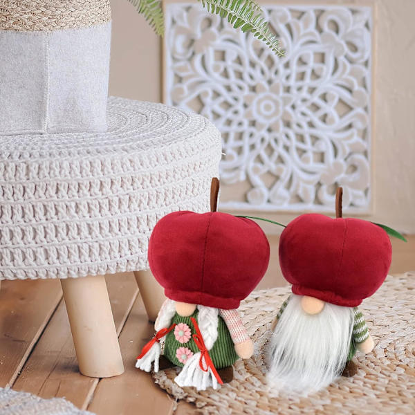 2 st par Tomte-dockor i plysch med äppleform, handgjorda svenska Tomte-dockor, frukt-alver, trappbricka-tomte, röd