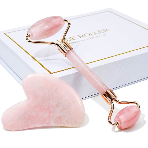 Gua Sha ja kasvojen hierontarulla, kauneusmassageri, jade-rulla ruusukvartsi Pink