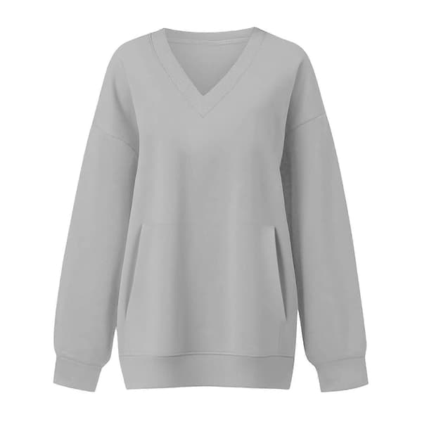 Dame V-hals Pullover Sweatshirt Blød Casual Langærmet Top Strækbart Stof Pullover med Lomme til Hverdagsbrug Sort L Black L