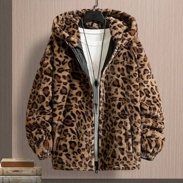 Leopardmönstrad långärmad jacka med fickor, dragkedja, vinter, tjock, dubbelsidig plysch, huva, ytterkläder för män Leopard M