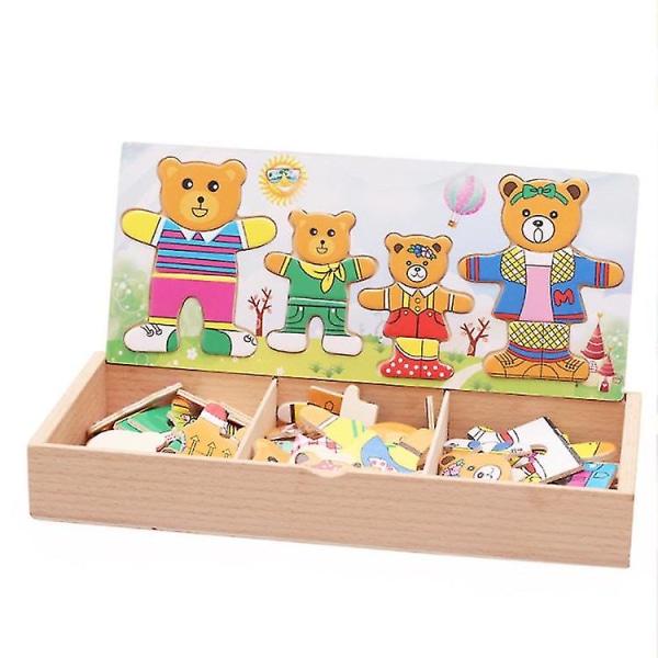 Leker av tre Oxford Wooden Bear Family Dress Up Puslespill Box - Sorteringsspill -Sorteringspuslespill i tre Leker For 3-åringer -Trepuslespill 3-åringer