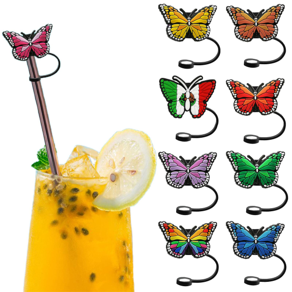 9Pcs 8mm Butterflies Straw Cover Food Grade Silicone Reusable Dust-proof Universal Glass Straw Tip Plug Topper Protector Kitchen Supplies Tianyuhe