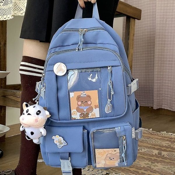 Kawaii-reppu söpöllä korttipehmolelulla - Kawaii-koulu reppu söpö esteettinen reppu tytöille teini reppu koulutarvikkeet Blue