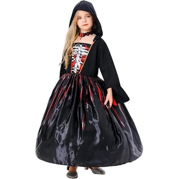 Eventyrlig Heks-kjole Halloween Rollespil Kostume med Hætte til Piger Black 10-12years