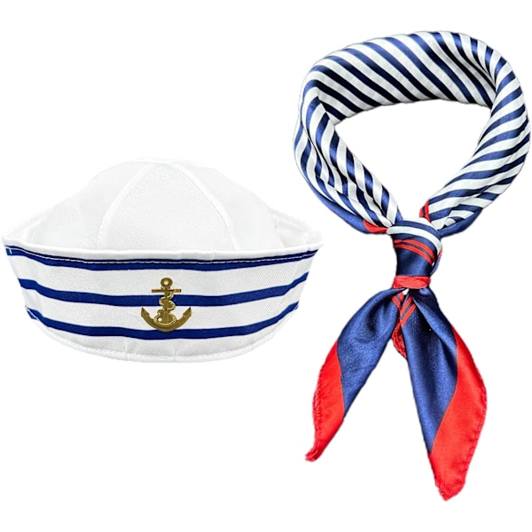 Blue and White Striped Sailor Captains Hat＆Red Edge Blue Bar Square Scarf，Women Men Costume Accessory