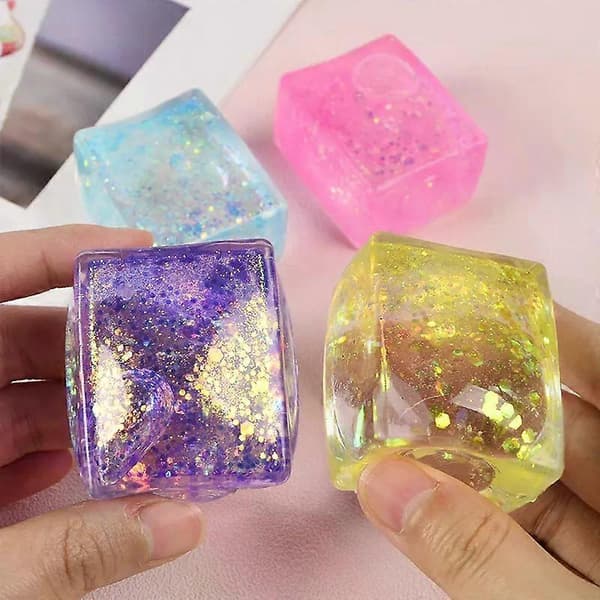 Glitter Ice Cube Squishy Toy, Aurora Borealis Squeeze Stress Relief Fidget, 4 st