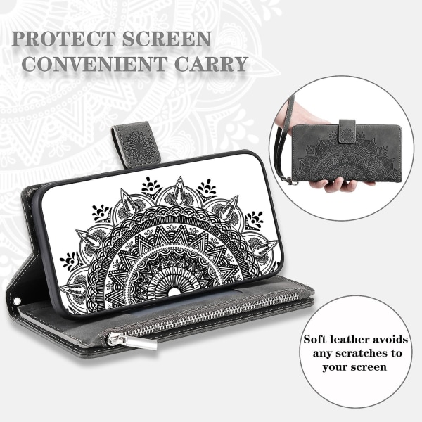 For Nokia X30 5g Mandala Flower Preget Pu Leather Case Magnetisk lås Multi Card Slot Beskyttende deksel med glidelås lommebok og håndleddsstropp Grey