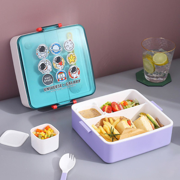 1 Set Bento Box Rutnät Design Stor Kapacitet Mikrovågsugn Säker Läckagesäker Bärbar Barn Astronaut Lunchlåda med Såslåda Skolartiklar Tianyuhe White