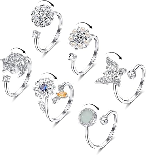 Stressring 6-pak – Justerbar Angstring & Fidget Ring til Kvinder Sølv 32oz
