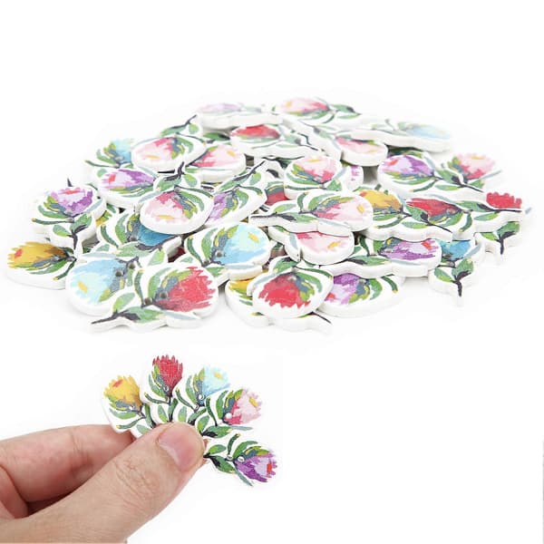 200 stk blomsterformede treknapper, blandede dekorative knapper, 2-hulls knapper for sying