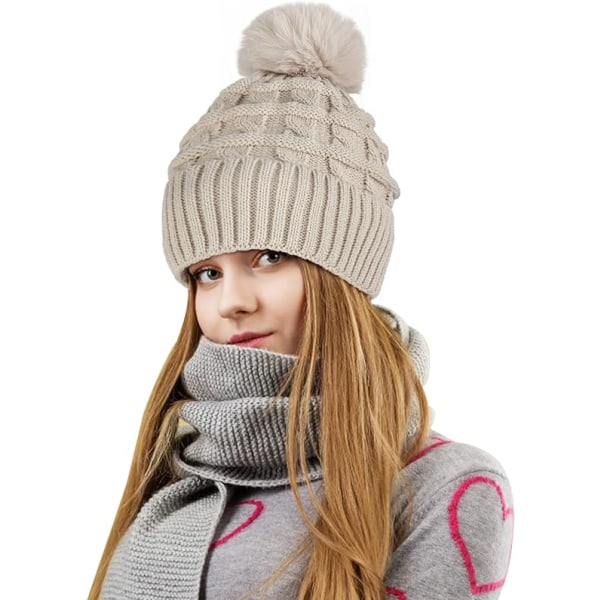 Bobble Hat til kvinder Vinter Beanie Huer Termisk Fleeceforet Hat Dame Strikkede Uld Huer med Faux Fur Pom Beige