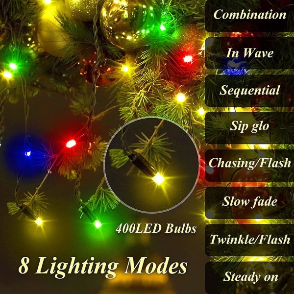 Juletræslys, 400 LED-julelys med 8 lystilstande og hukommelsesfunktion, 6,6 fod X 16 lysstrenge med tidsfunktion og fjernbetjening F Multicolored-400led