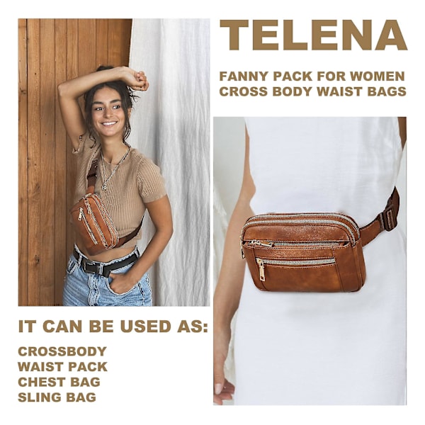 Fanny Packs til kvinder Cross Body Taske Læder Bæltetaske Fashionable Talje Taske med Justerbar Rem Beige Brun