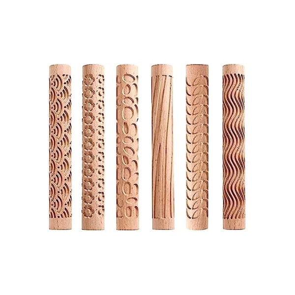 Set med 6 Trälera Modellering Mönsterrullar Kit, Lerrullpinne Texturerad Handrulle Trähandtag As Shown