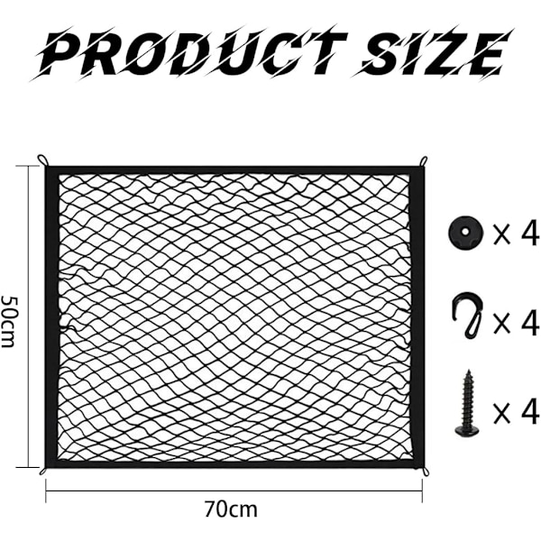 Bagasjeromsnett for bil, universell oppbevaringsnett med 4 kroker, skruer og hengespenner, justerbar høyde, elastisk bil 70*50cm