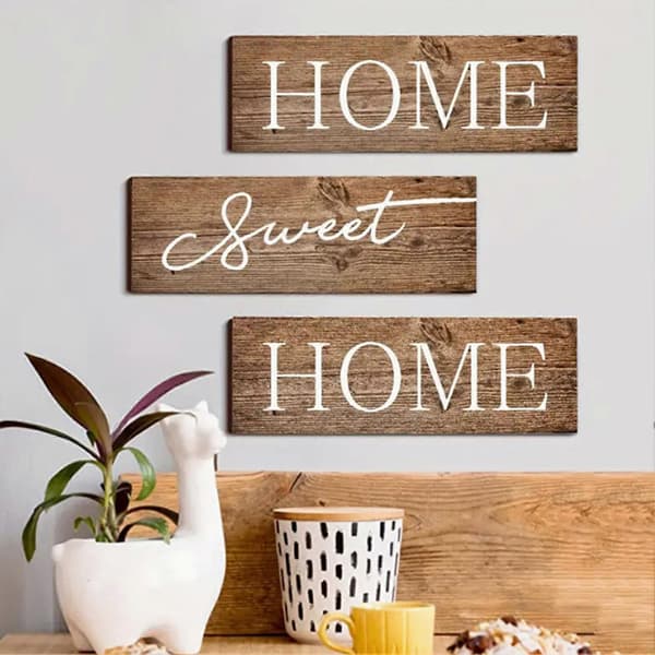 Träskylt \"Home Sweet Home\" – 3 delar rustik – för vardagsrum, sovrum, kök, ytterdörr A