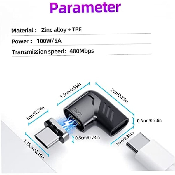 Magneettinen sovitin Oikea kulma Usb C -sovitin 100w Nopea lataus Datasiirto Laajennus Musta Mini-sovittimet