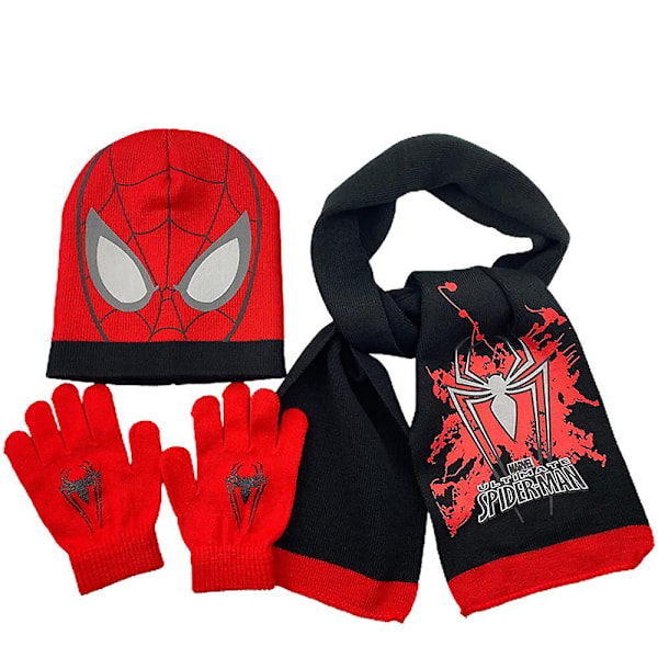 3 kpl Poikien Lasten Spiderman Ultraman Talvi Lämmin Neulotu Kypärä Hattu Huivi Hanskat Sarja Black