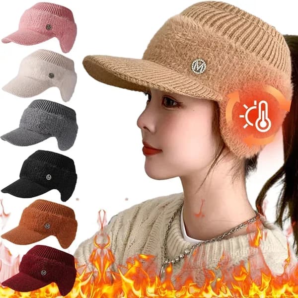 Høst- og vintermodehatte til kvinder - Varm strikket fleecehat med øreflapper til damer - Tom Top Baseball Cap til kvinder