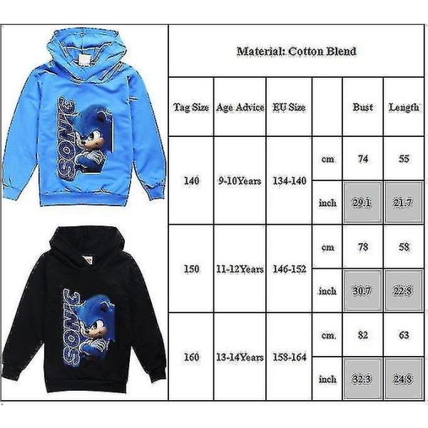 Barn Gutter og Jenter Sonic Hoodie Hettegenser Genser Hoody Topper Shzev Black 13-14 Years