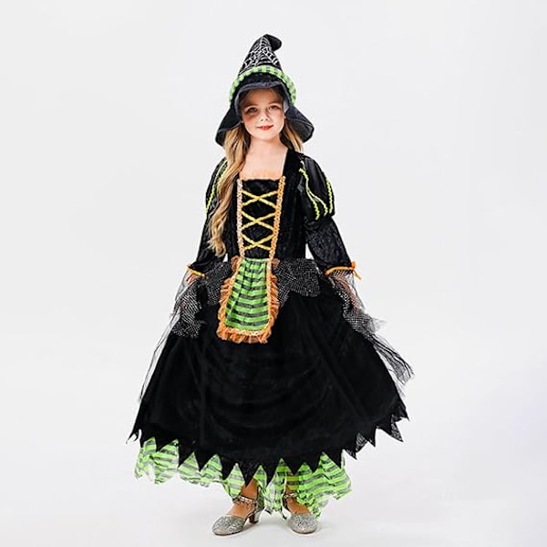 Högtidsdräkt för flickor, häxa, långärmad tyllklänning med lapptäcke, trollkarlhatt, fest, cosplay, Halloween-kostym Green S