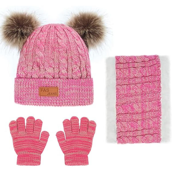 Barn Vintermössa Halsduk Vantar Set, Termisk Stickad Pom Pom Mössa Halsduk Vantar Set med Fleecefoder för Pojkar och Flickor 2-8, Barn Vinter