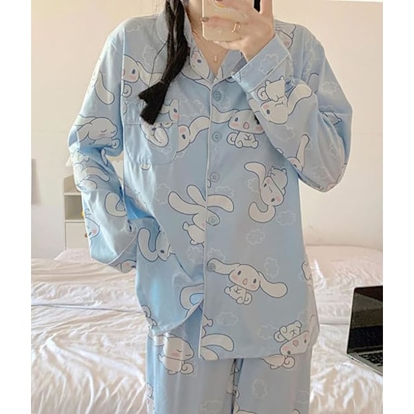 Kawaii-piirrettyjä pyjamaa naisille ja tytöille - pitkähihainen paita ja pyjamahousut, nukkumisasu, kotikäyttöön, 2-osainen pyjamasetti Cinnamoroll M