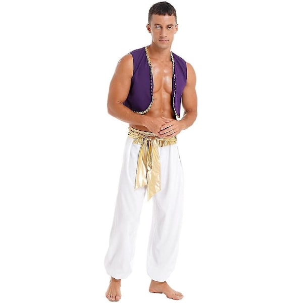 Herre Halloween Kostyme Mytisk Prins Aladdin Karneval Cosplay Party Antrekk Paljettkantet Vest med Beltebukser Gold A L