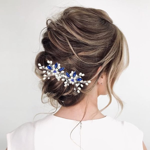 Blomster brude hårnåle perle brud bryllup hår tilbehør rhinestone hår stykke til kvinder og piger (blå)