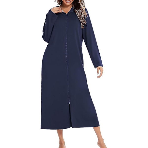 Naisten pitkä kylpytakki hupulla, vetoketjullinen aamutakki, täyspitkä, yksivärinen Navy blue M