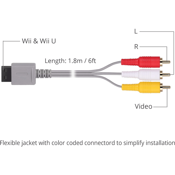 6 fot Wii/Wii U AV-kabel, 1,8 m gullbelagt RCA Retro-Audio Standard komposittkabel for Nintendo Wii Wii U