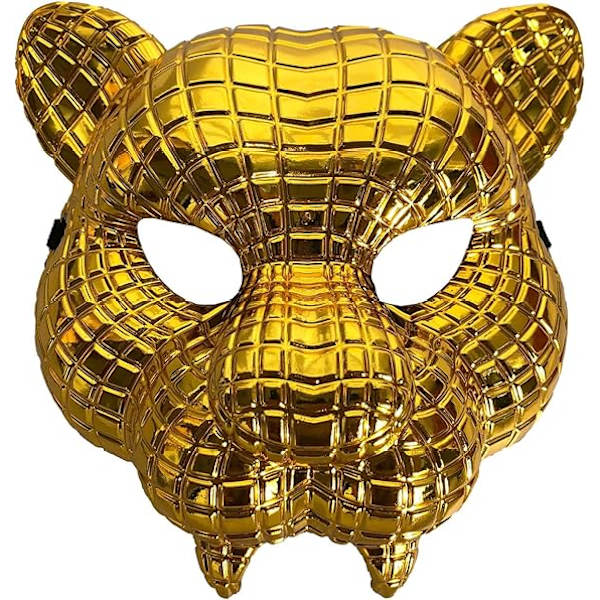 Plastleopardmaske med gullfinish og elastisk stroppfeste.