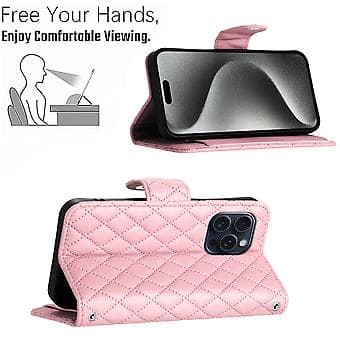 For iPhone 13 Pro Rhombus Pattern Flip Leather Phone Case with Lanyard Pink