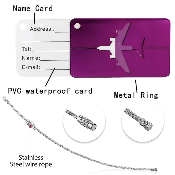 Sett med 5 bagasjemerker i aluminium, koffertmerke for fly med ledning i rustfritt stål Metallbagasjemerker for koffert, bagasje, ryggsekker, reise (5 C