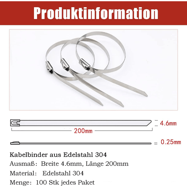 100 stk. Heavy Duty Kabelbindere, Rustfrit Stål Kabelbindere Selvlåsende Stål Kabelbindere 4.6x200mm